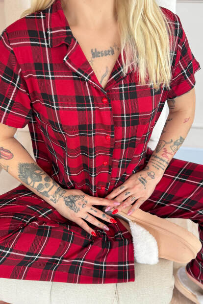 Kırmızı Silhouette Desenli Bambu Önden Düğmeli Kısa Kol Pijama Takımı - 5