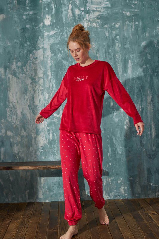Kırmızı Smile Kadife Anne Kız Aile Pijaması - Anne Takım - Pijamaevi (2)