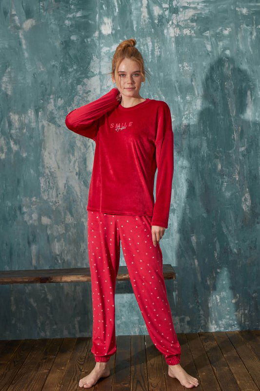 Kırmızı Smile Kadife Anne Kız Aile Pijaması - Anne Takım - Pijamaevi (3)