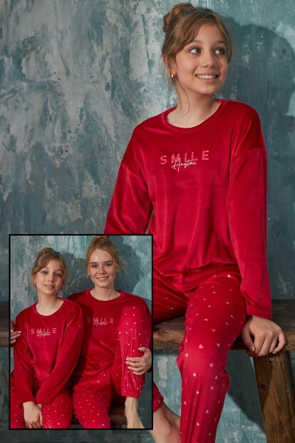 Kırmızı Smile Kadife Anne Kız Aile Pijaması - Çocuk Takımı - 7