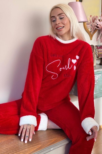 Kırmızı Soul Desenli Tam Peluş Pijama Takımı - 6
