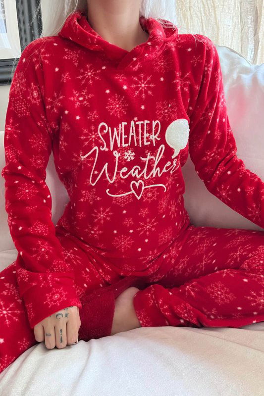 Kırmızı Sweater Desenli Kapşonlu Peluş Polar Pijama Takımı - Pijamaevi (3)