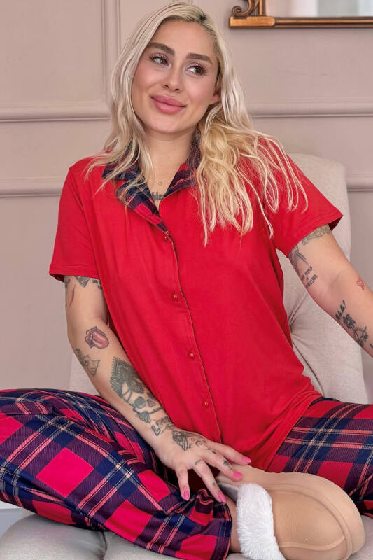 Kırmızı Tartan Exclusive Önden Düğmeli Kadın Pijama Takımı - Pijamaevi