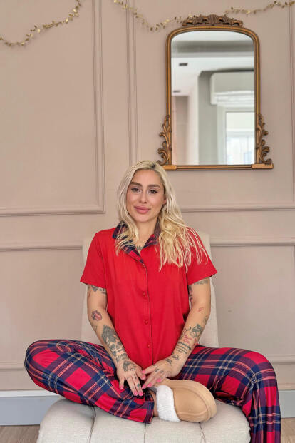Kırmızı Tartan Exclusive Önden Düğmeli Kadın Pijama Takımı - 2