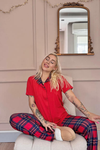 Kırmızı Tartan Exclusive Önden Düğmeli Kadın Pijama Takımı - 3