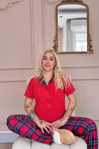 Kırmızı Tartan Exclusive Önden Düğmeli Kadın Pijama Takımı - 4