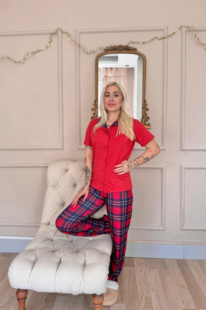 Kırmızı Tartan Exclusive Önden Düğmeli Kadın Pijama Takımı - 6