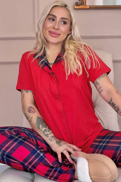 Kırmızı Tartan Exclusive Önden Düğmeli Kadın Pijama Takımı - 7