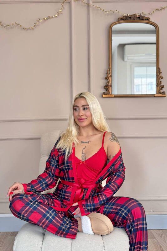 Kırmızı Tartan Exclusive Örme Sabahlıklı Kadın Pijama Takım - Pijamaevi (2)