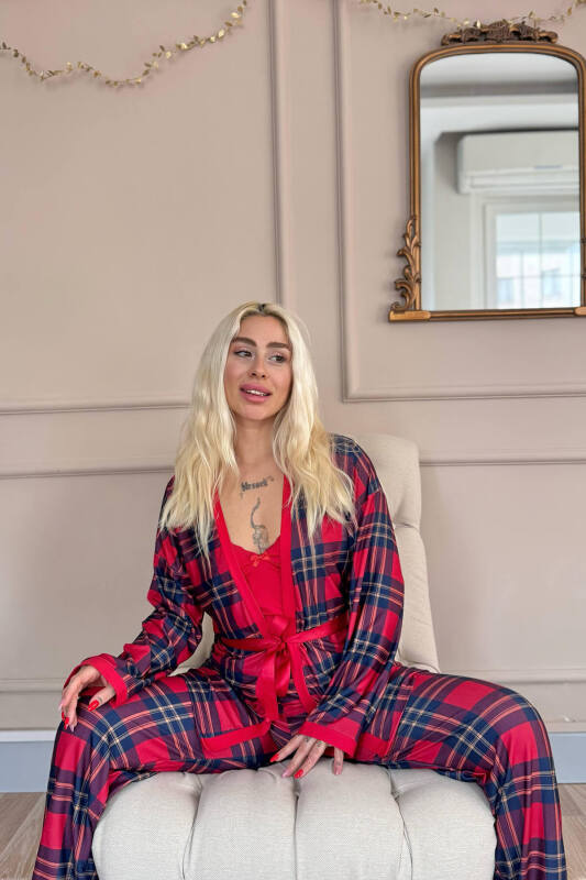 Kırmızı Tartan Exclusive Örme Sabahlıklı Kadın Pijama Takım - Pijamaevi (3)