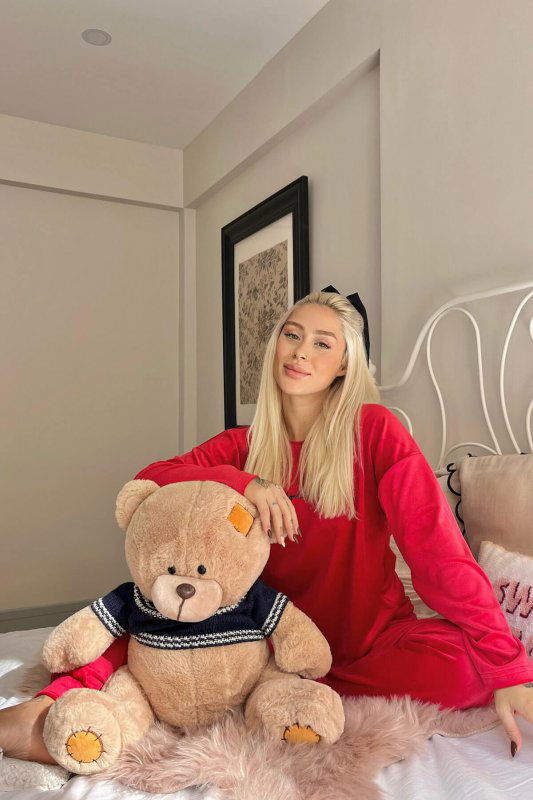 Kırmızı Thankful Desenli Exclusive Kadife Kadın Pijama Takımı  - Pijamaevi (3)