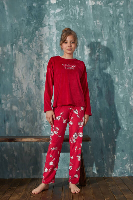Kırmızı Vibes Desenli Exclusive Kadife Kız Çocuk Pijama Takımı  - Pijamaevi (2)