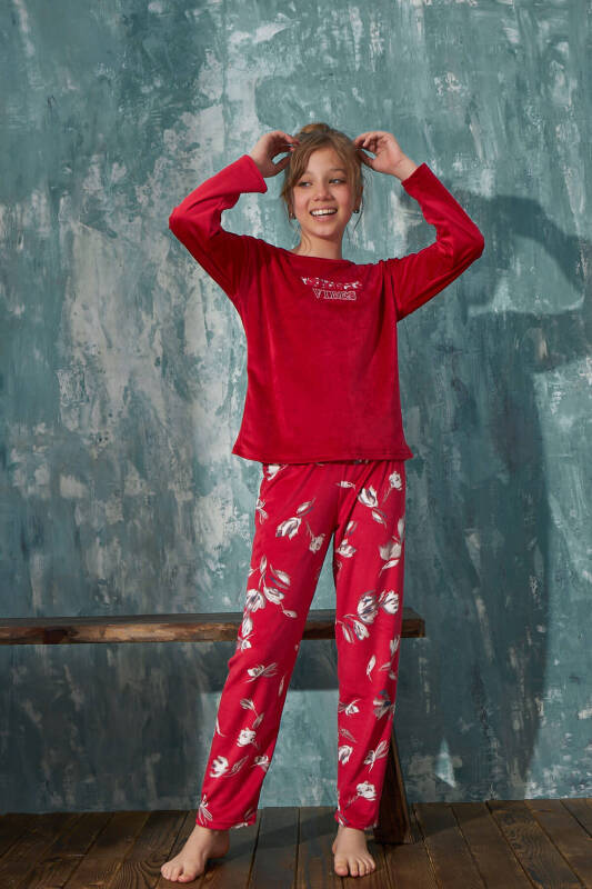 Kırmızı Vibes Desenli Exclusive Kadife Kız Çocuk Pijama Takımı  - Pijamaevi (3)
