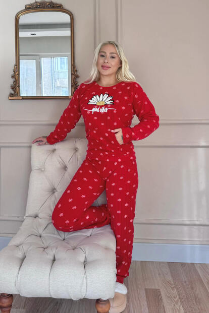 Kırmızı Vibes Desenli Kanguru Cepli Peluş Polar Pijama Takımı - 6