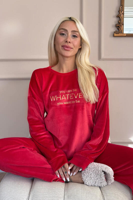 Kırmızı Whatever Desenli Exclusive Kadife Kadın Pijama Takımı  - Pijamaevi (2)
