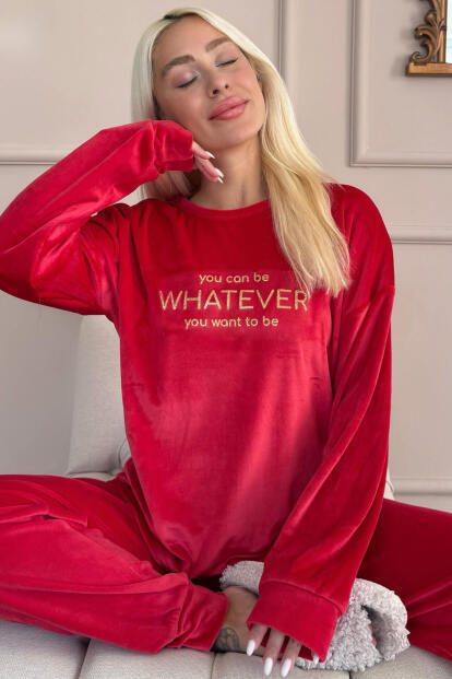 Kırmızı Whatever Desenli Exclusive Kadife Kadın Pijama Takımı  - 8