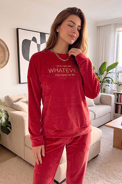 Kırmızı Whatever Desenli Exclusive Kadife Kadın Pijama Takımı  - 6