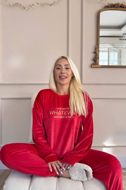 Kırmızı Whatever Desenli Exclusive Kadife Kadın Pijama Takımı  - 2