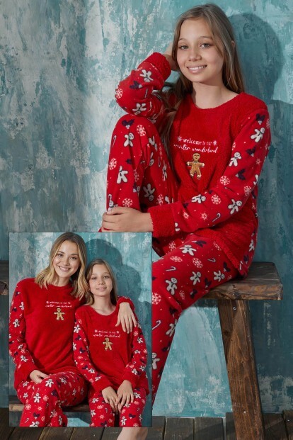 Kırmızı Wonderland Peluş Anne Kız Aile Pijaması - Kız Çocuk Takımı - 7
