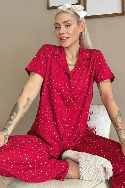 Kırmızı Yıldız Desenli Örme Önden Düğmeli Kısa Kol Kadın Pijama - 1