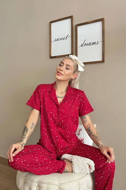 Kırmızı Yıldız Desenli Örme Önden Düğmeli Kısa Kol Kadın Pijama - 3