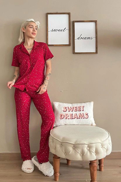 Kırmızı Yıldız Desenli Örme Önden Düğmeli Kısa Kol Kadın Pijama - 4