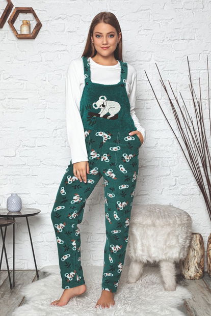 Koala Desenli Kadın Polar Peluş Tulum Pijama Takımı - 1