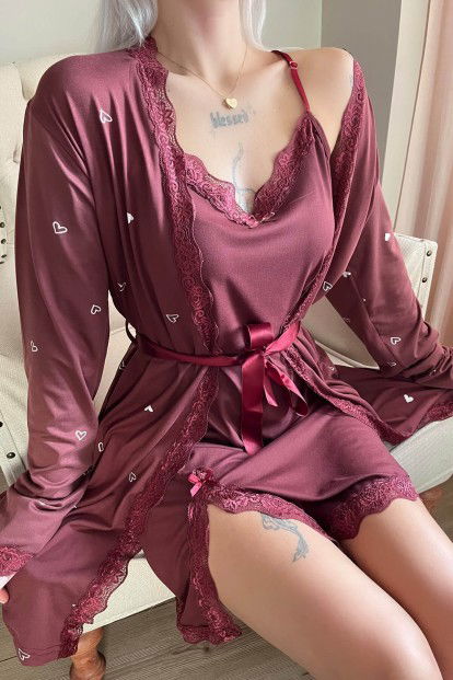 Koyu Bordo Heart Desenli Sabahlıklı Gecelik Kadın Pijama Seti - 4