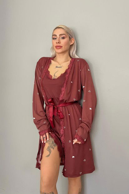 Koyu Bordo Heart Desenli Sabahlıklı Gecelik Kadın Pijama Seti - 5