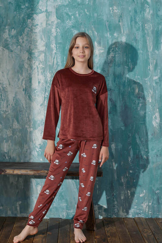 Koyu Kahve Kaşkol Ayıcık Desenli Exclusive Kadife Kız Çocuk Pijama Takımı  - Pijamaevi (1)