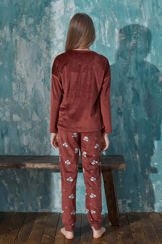 Koyu Kahve Kaşkol Ayıcık Desenli Exclusive Kadife Kız Çocuk Pijama Takımı  - Pijamaevi (3)