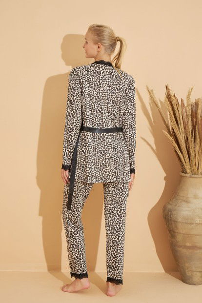 Koyu Kahve Leopar Desenli Bambu Sabahlıklı Kadın Pijama Takımı - 4
