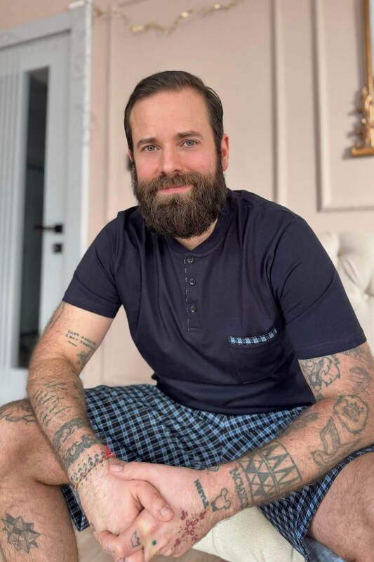 Koyu Lacivert Ekose Cep Detaylı Şortlu Kısa Kollu Erkek Pijama Takımı - Pijamaevi (1)