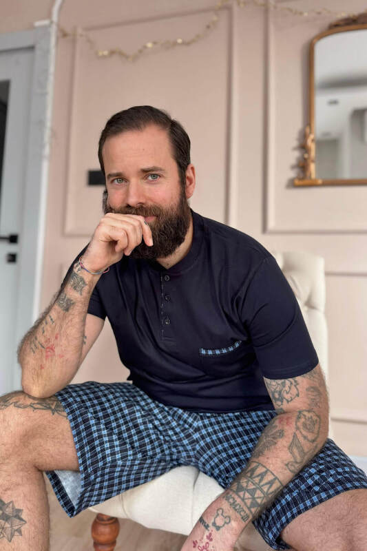 Koyu Lacivert Ekose Cep Detaylı Şortlu Kısa Kollu Erkek Pijama Takımı - Pijamaevi (2)