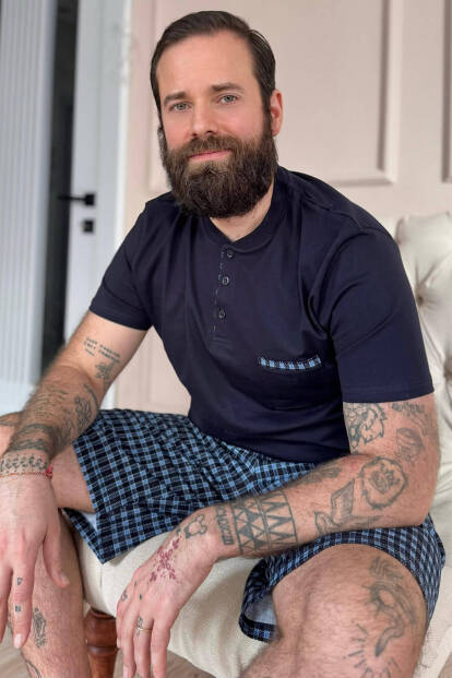 Koyu Lacivert Ekose Cep Detaylı Şortlu Kısa Kollu Erkek Pijama Takımı - 7