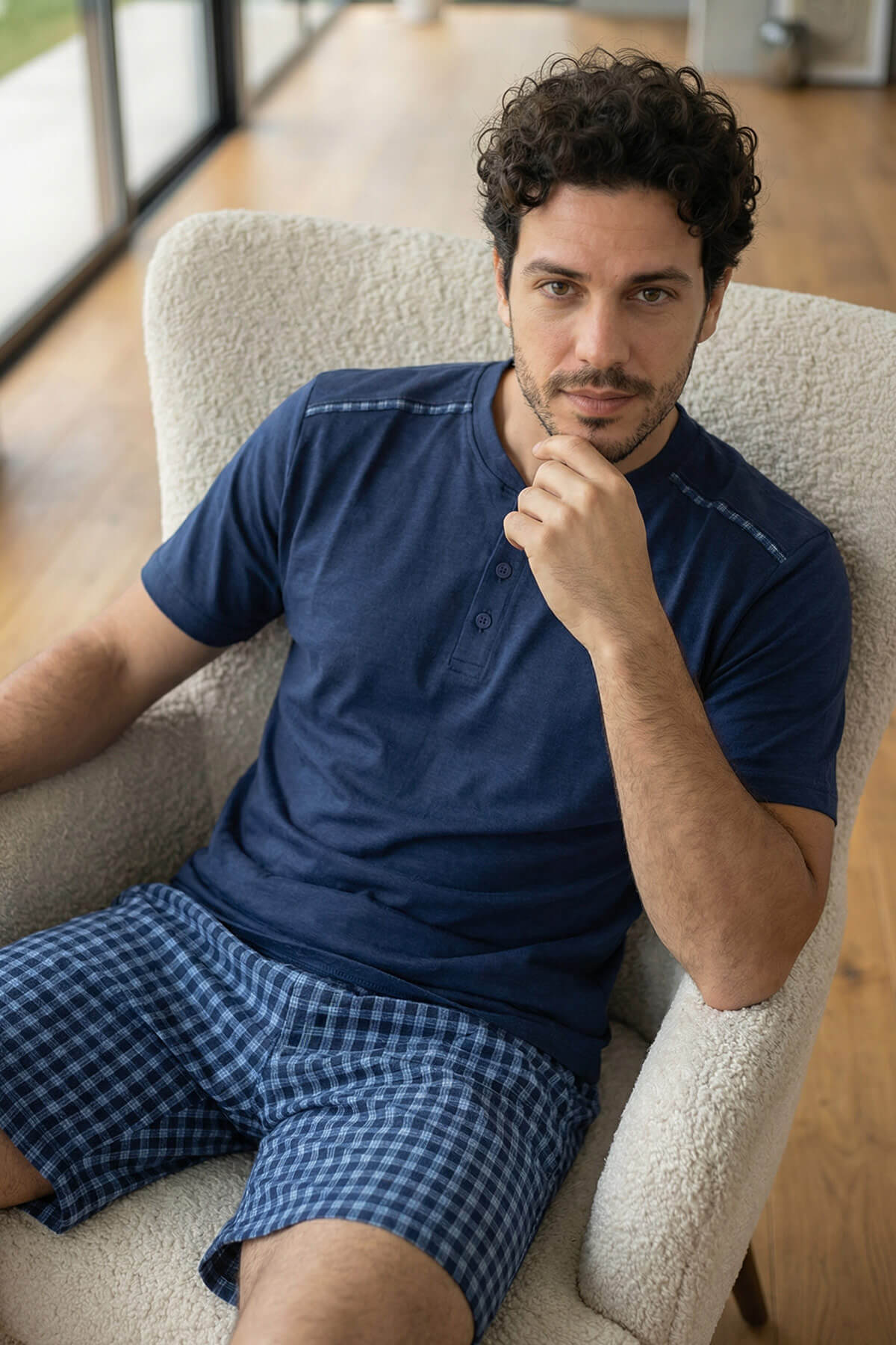 Koyu Lacivert Ekose Cep Detaylı Şortlu Kısa Kollu Erkek Pijama Takımı - Pijamaevi