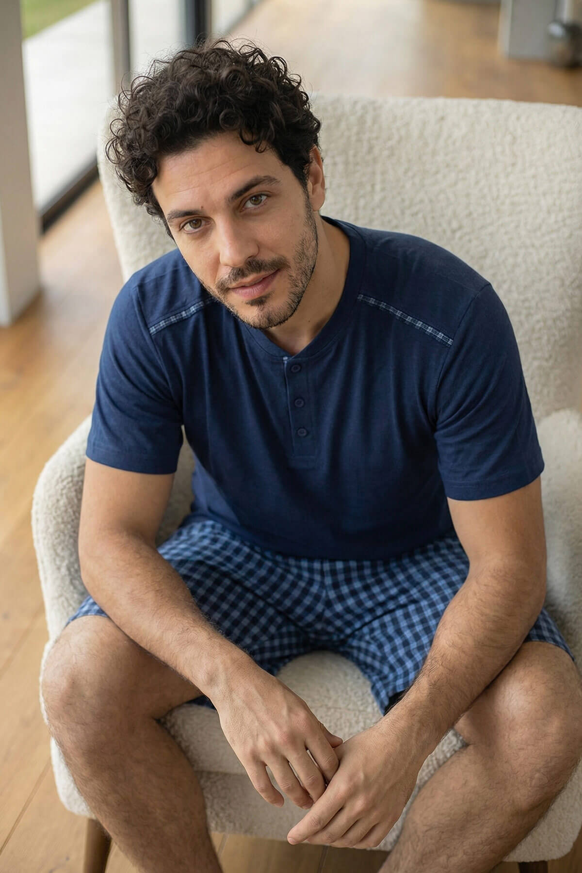 Koyu Lacivert Ekose Cep Detaylı Şortlu Kısa Kollu Erkek Pijama Takımı - Pijamaevi (1)