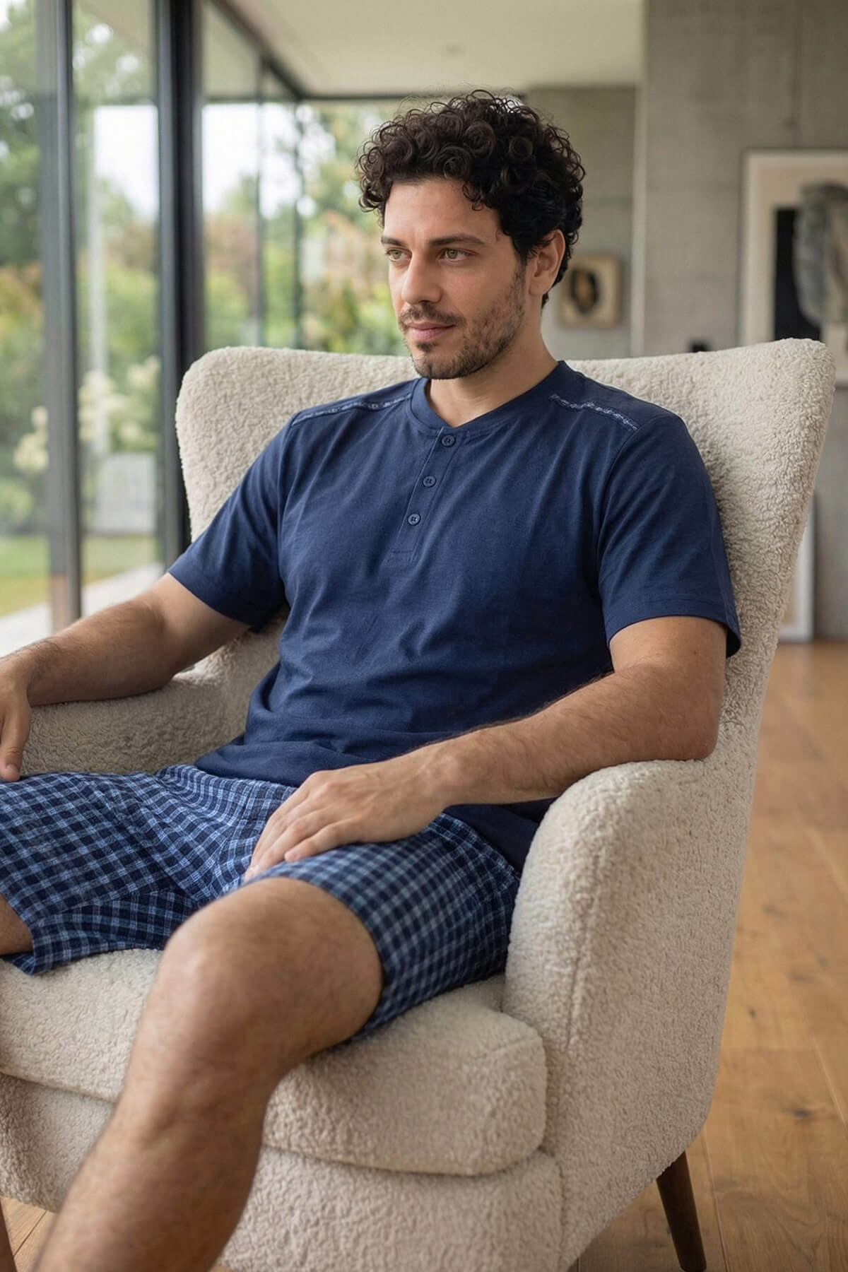 Koyu Lacivert Ekose Cep Detaylı Şortlu Kısa Kollu Erkek Pijama Takımı - Pijamaevi (2)