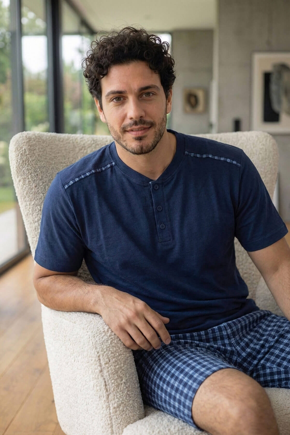 Koyu Lacivert Ekose Cep Detaylı Şortlu Kısa Kollu Erkek Pijama Takımı - Pijamaevi (3)