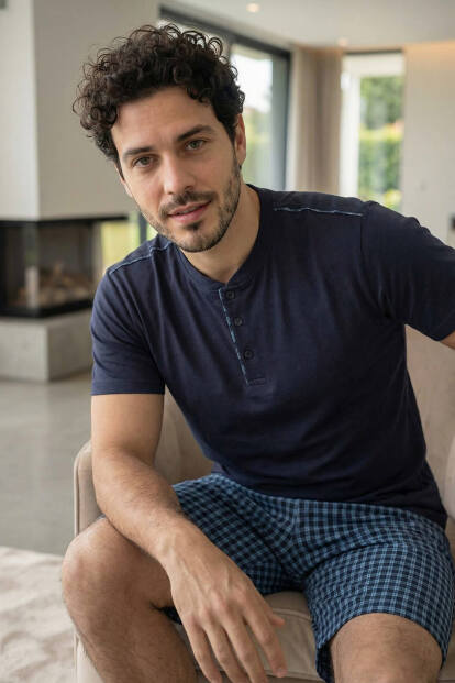 Koyu Lacivert Ekose Cep Detaylı Şortlu Kısa Kollu Erkek Pijama Takımı - 2