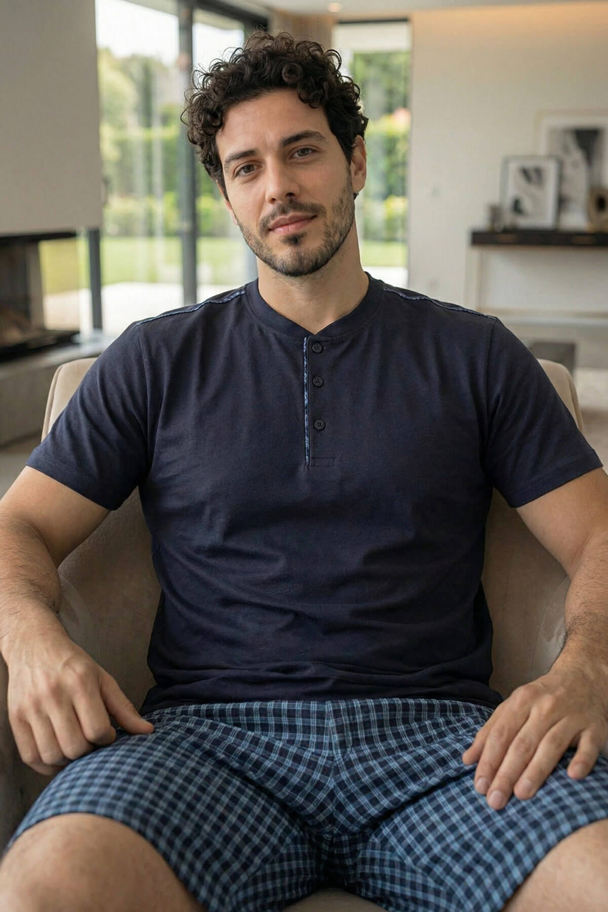 Koyu Lacivert Ekose Cep Detaylı Şortlu Kısa Kollu Erkek Pijama Takımı - Pijamaevi (2)