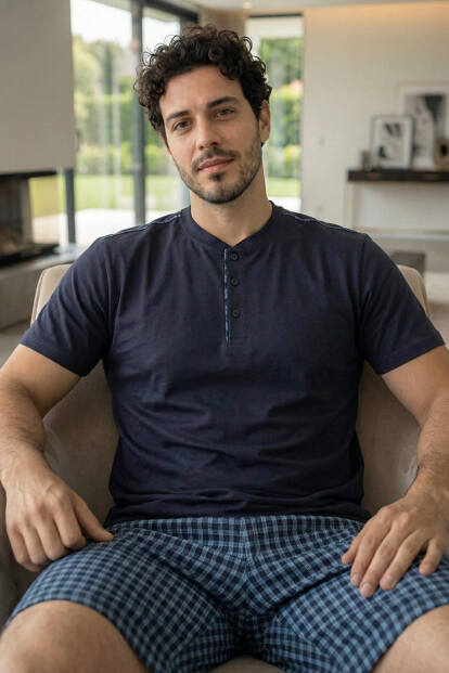 Koyu Lacivert Ekose Cep Detaylı Şortlu Kısa Kollu Erkek Pijama Takımı - 3