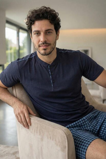 Koyu Lacivert Ekose Cep Detaylı Şortlu Kısa Kollu Erkek Pijama Takımı - 5