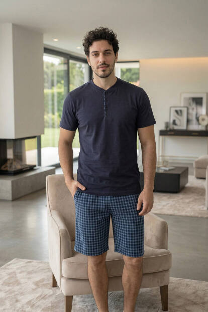 Koyu Lacivert Ekose Cep Detaylı Şortlu Kısa Kollu Erkek Pijama Takımı - 6