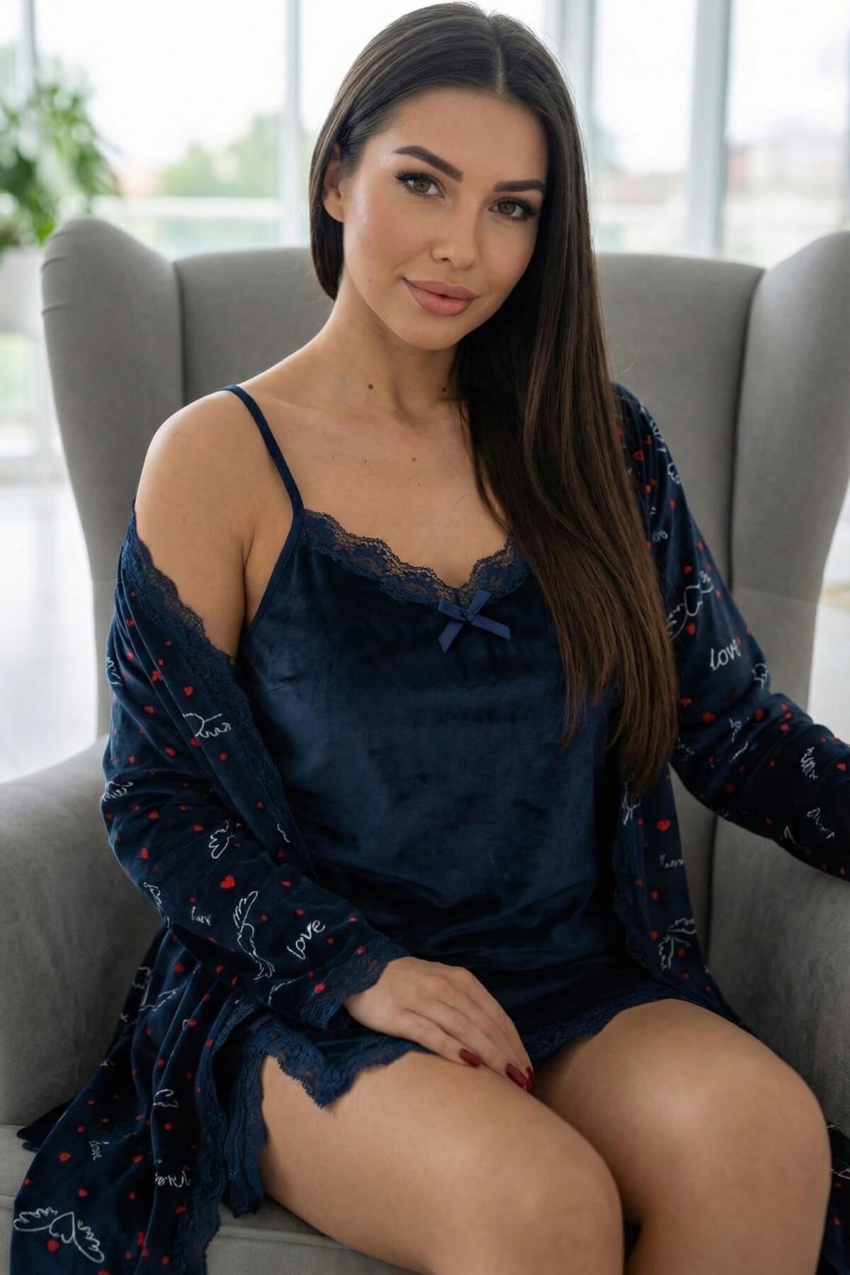 Koyu Lacivert Love Exclusive Kadife Sabahlıklı Gecelik Kadın Pijama Takımı - Pijamaevi