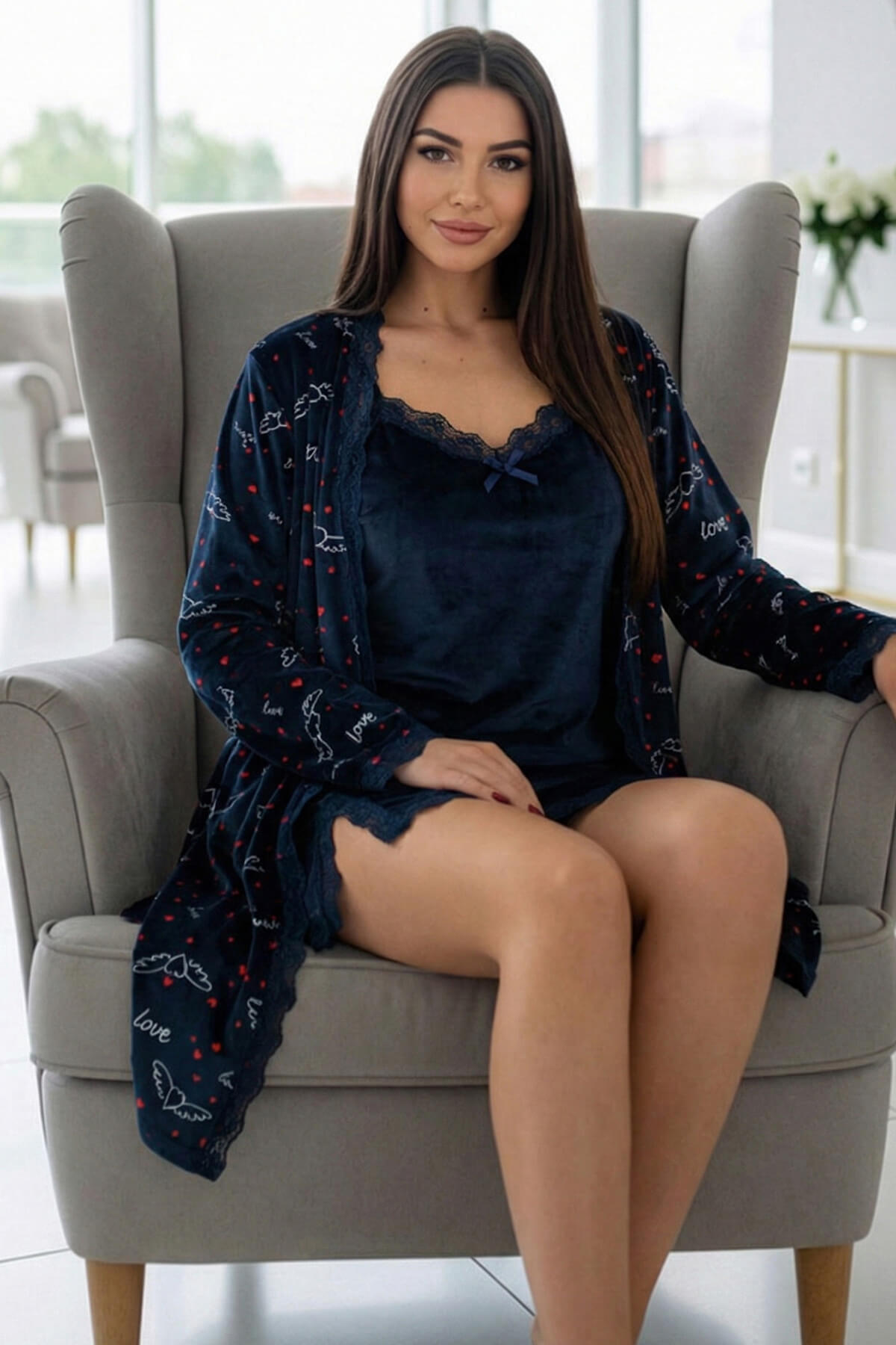 Koyu Lacivert Love Exclusive Kadife Sabahlıklı Gecelik Kadın Pijama Takımı - Pijamaevi (1)