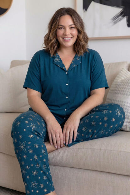 Koyu Lacivert Papatya Desenli Büyük Beden Kısa Kollu Önden Düğmeli Bambu Kadın Pijama Takımı - 3
