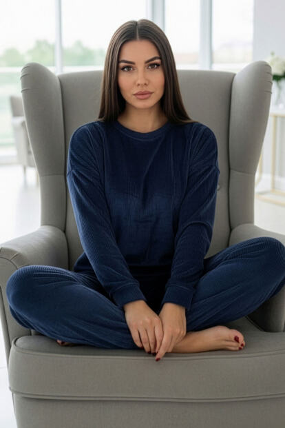 Koyu Lacivert Veloura Soft Kadın Pijama Takımı  - 2