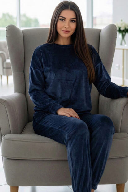 Koyu Lacivert Veloura Soft Kadın Pijama Takımı  - 4