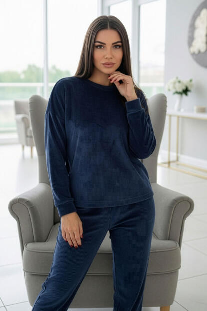 Koyu Lacivert Veloura Soft Kadın Pijama Takımı  - 5